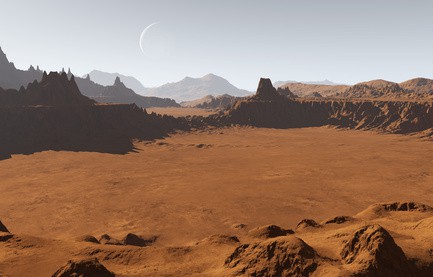 Martian landscape with craters and moon