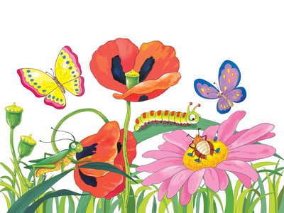 Fine spring day. Cute flowers and insects. Greeting card. 8 of March.