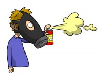 Man in gas mask spraying poison
