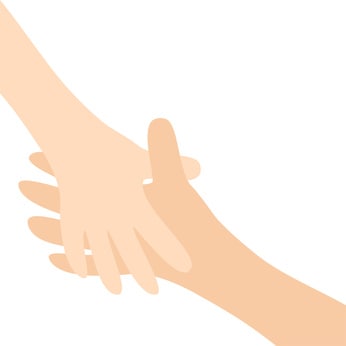 Two hands arms reaching to each other. Handshake. Happy couple. Mother and child. Helping hand. Close up body part. Baby care. White background. Isolated. Flat design.