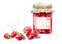 Sweet strawberry jam and berry. Watercolor hand drawn illustrati