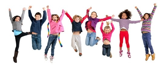 Group of children jumpng isolated in white
