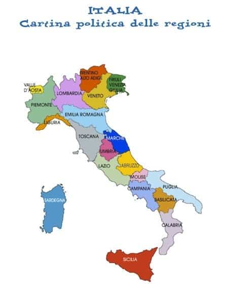 Cartina politica dell'Italia con le regioni