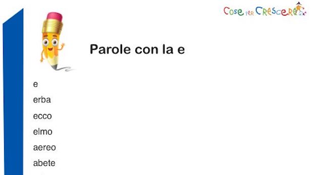 Parole con la e per bambini della scuola primaria da stampare