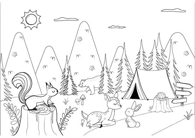 Animali in montagna da colorare: disegno per bambini da stampare