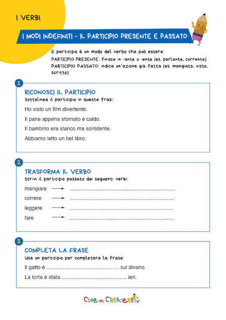 Scheda esercizi participio presente e passato scuola primaria
