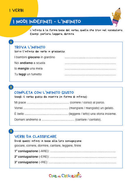 Scheda esercizi modo infinito verbi scuola primaria