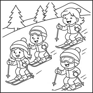 Bambini che sciano da colorare