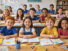 bambini ultimo giorno di scuola primaria in classe sorridenti