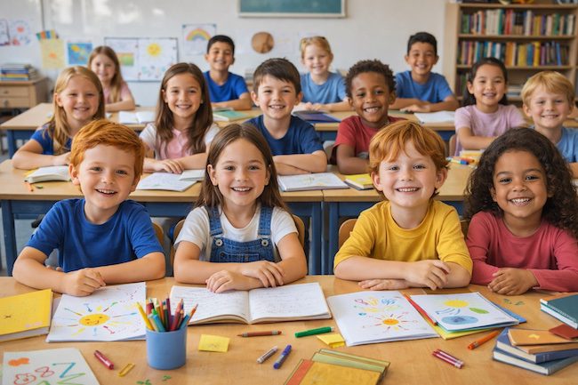 bambini ultimo giorno di scuola primaria in classe sorridenti