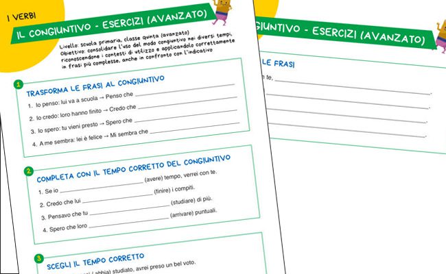 esercizi congiuntivo quinta primaria scheda avanzata da stampare