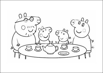 Famiglia di Peppa Pig a tavola disegno da colorare
