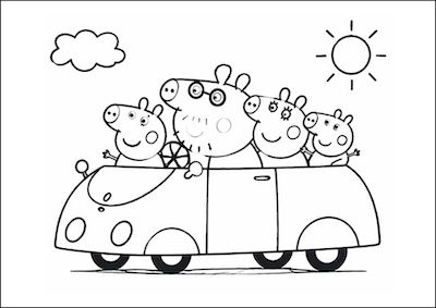 Famiglia di Peppa Pig in auto disegno da colorare