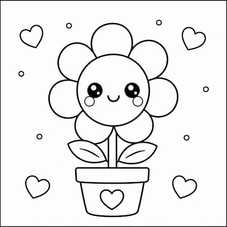 disegno fiore kawaii facile da colorare per bambini con vaso e cuoricini