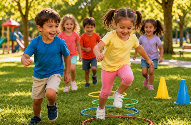 bambini piccoli che giocano all’aperto in un parco