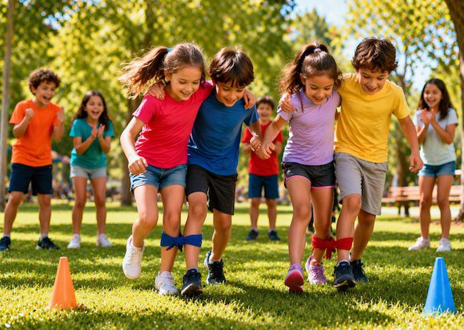 bambini che giocano all’aperto in gruppo in un parco
