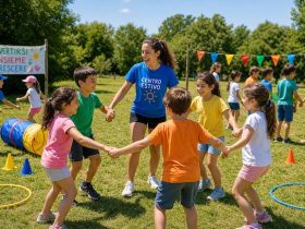 giochi per centri estivi con bambini che giocano all’aperto in gruppo