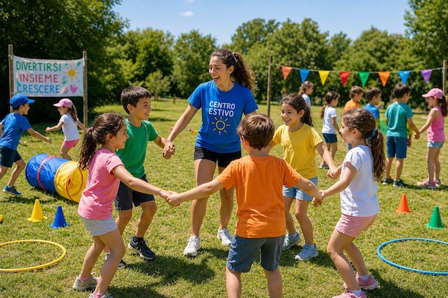 giochi per centri estivi con bambini che giocano all’aperto in gruppo