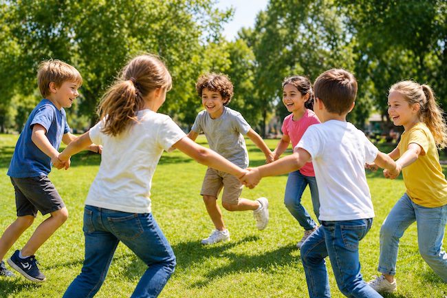 giochi di gruppo all’aperto per bambini che giocano in cerchio nel parco