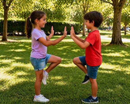 bambini che giocano al gioco dello specchio all’aperto in un parco
