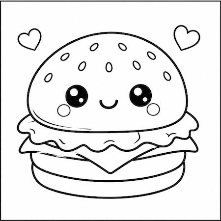 disegno panino kawaii da colorare per bambini con faccina e dettagli semplici
