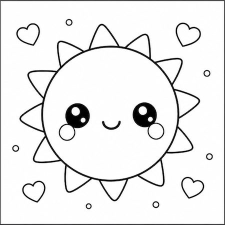 disegno sole kawaii semplice da colorare per bambini con faccina sorridente
