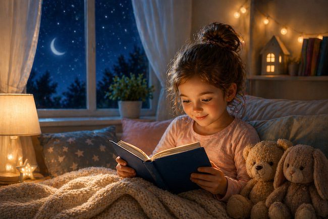 storie brevi per bambini lette da una bambina durante un momento di lettura