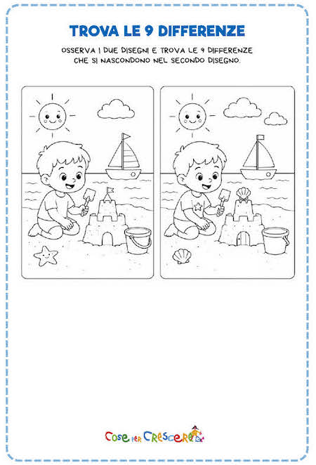 Gioco trova le differenze con disegno estivo al mare da stampare per bambini con 9 differenze da trovare