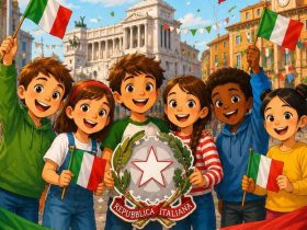 Bambini con bandiere italiane che festeggiano la Festa della Repubblica in piazza davanti al Vittoriano.
