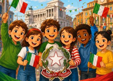 Bambini con bandiere italiane che festeggiano la Festa della Repubblica in piazza davanti al Vittoriano.
