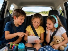 Bambini che giocano in macchina durante un viaggio lungo