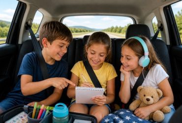 Bambini che giocano in macchina durante un viaggio lungo
