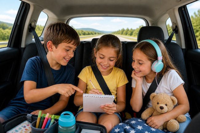 Bambini che giocano in macchina durante un viaggio lungo