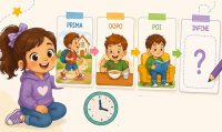 Illustrazione di sequenze temporali per bambini della scuola dell’infanzia e primaria con bambina mascotte e storia illustrata in sequenza