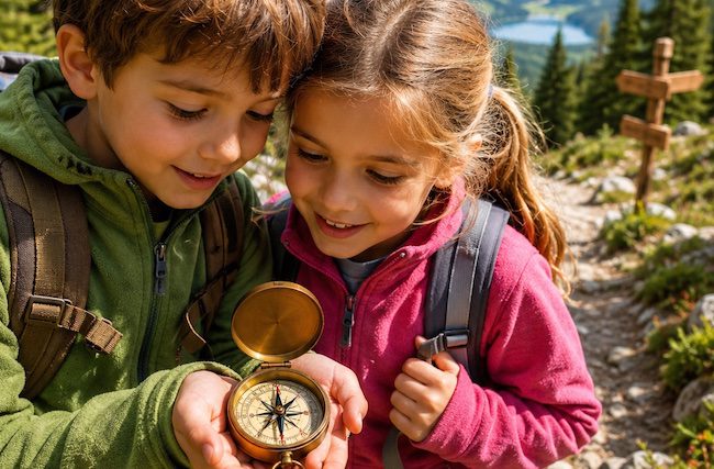 Disegno di una bussola con i punti cardinali spiegata ai bambini della scuola primaria