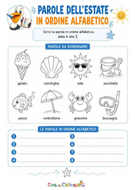 Scheda di italiano per la scuola primaria con parole dell'estate da mettere in ordine alfabetico e immagini da colorare.