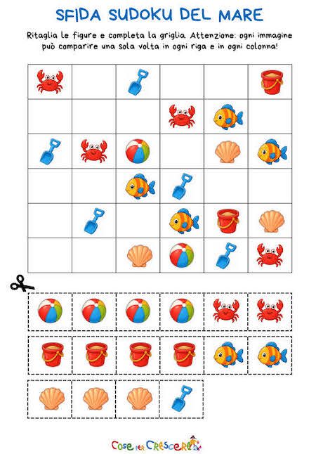 Sudoku del mare per bambini della scuola primaria con figure da ritagliare e incollare per completare la griglia.