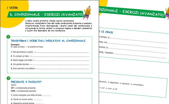 Scheda con esercizi sul modo condizionale per la classe quinta primaria con attività sul condizionale presente e passato da stampare gratuitamente.