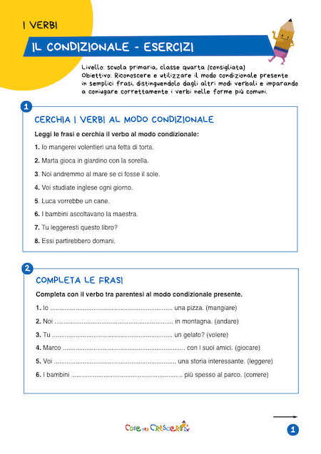 Scheda con esercizi sul modo condizionale per la classe quarta primaria con attività sul condizionale presente da stampare gratuitamente.