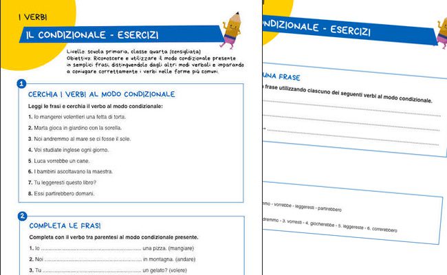 Scheda con esercizi sul modo condizionale per la classe quarta primaria con attività sul condizionale presente da stampare gratuitamente.