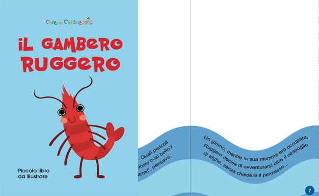 Bambino che illustra la storia del Gambero Ruggero con matite colorate.