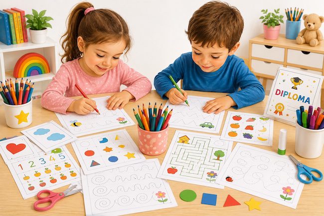 Kit per la scuola dell'infanzia con attività educative, pregrafismo e giochi da stampare per bambini dai 3 ai 6 anni