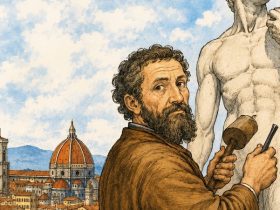 Illustrazione di Michelangelo mentre scolpisce una statua di marmo con la città di Firenze sullo sfondo.