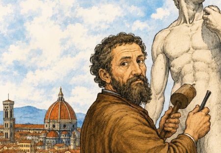 Illustrazione di Michelangelo mentre scolpisce una statua di marmo con la città di Firenze sullo sfondo.
