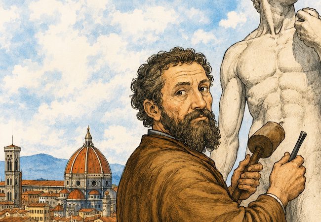 Illustrazione di Michelangelo mentre scolpisce una statua di marmo con la città di Firenze sullo sfondo.