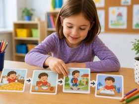 Bambina che svolge un esercizio di sequenze temporali classe prima mettendo in ordine le immagini di una storia nella scuola primaria.