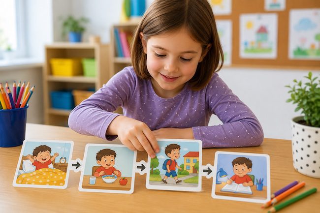 Bambina che svolge un esercizio di sequenze temporali classe prima mettendo in ordine le immagini di una storia nella scuola primaria.