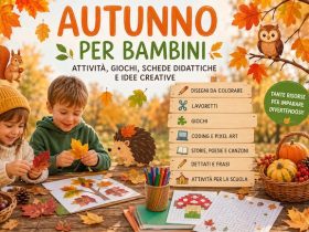 Bambini che svolgono attività sull'autunno con foglie colorate, lavoretti, disegni e materiali didattici per la scuola dell'infanzia e primaria.
