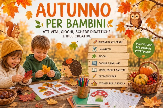 Bambini che svolgono attività sull'autunno con foglie colorate, lavoretti, disegni e materiali didattici per la scuola dell'infanzia e primaria.
