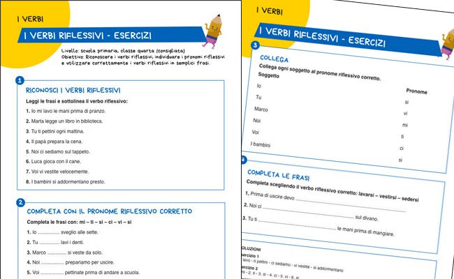 Scheda con esercizi sui verbi riflessivi per la classe quarta della scuola primaria da stampare gratuitamente.